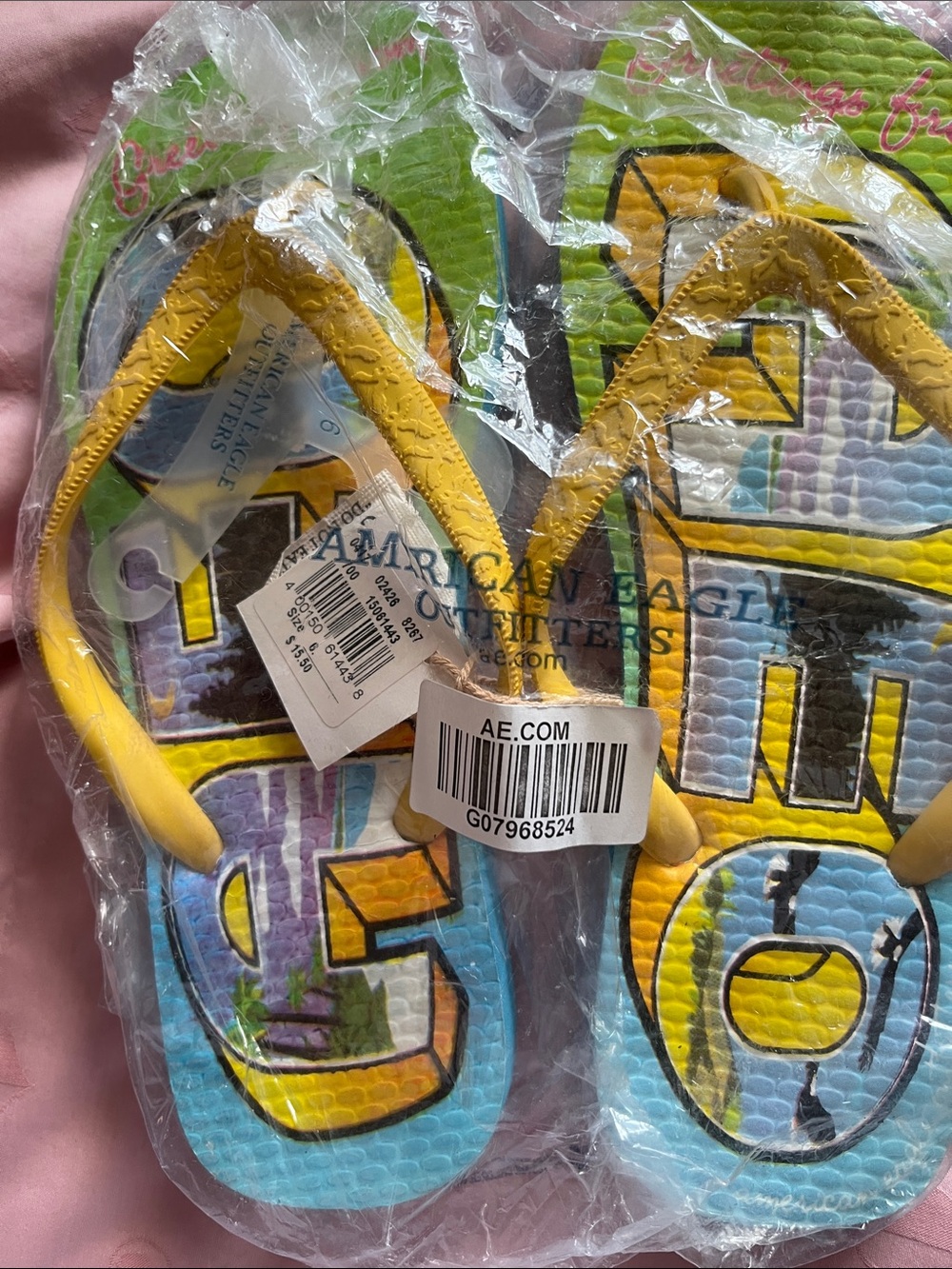 NWT American Eagle Outfitters Yellow Graphic Flip Flops Sz6